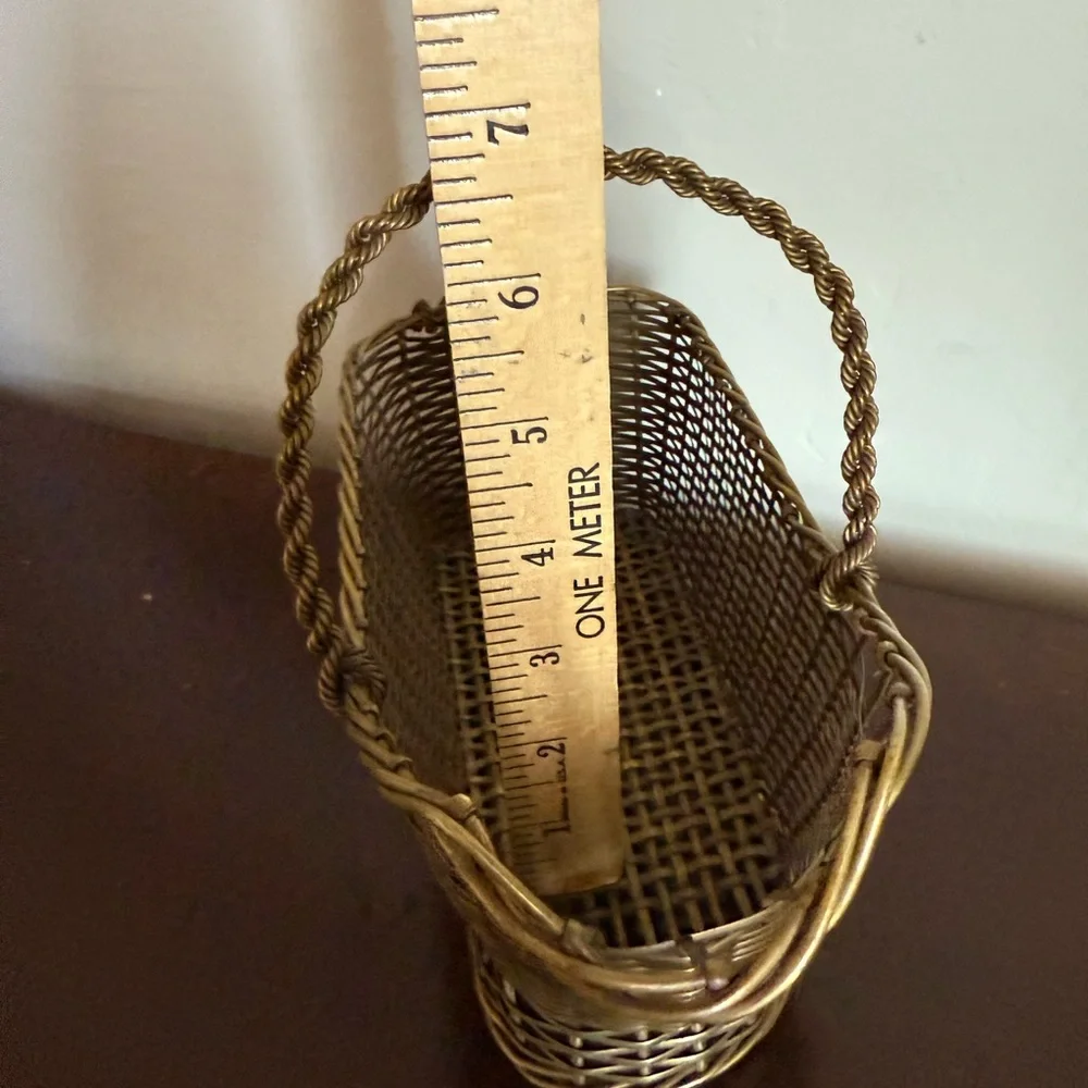 Antique French‎ Brass Gold Woven Basket wine holder caddy